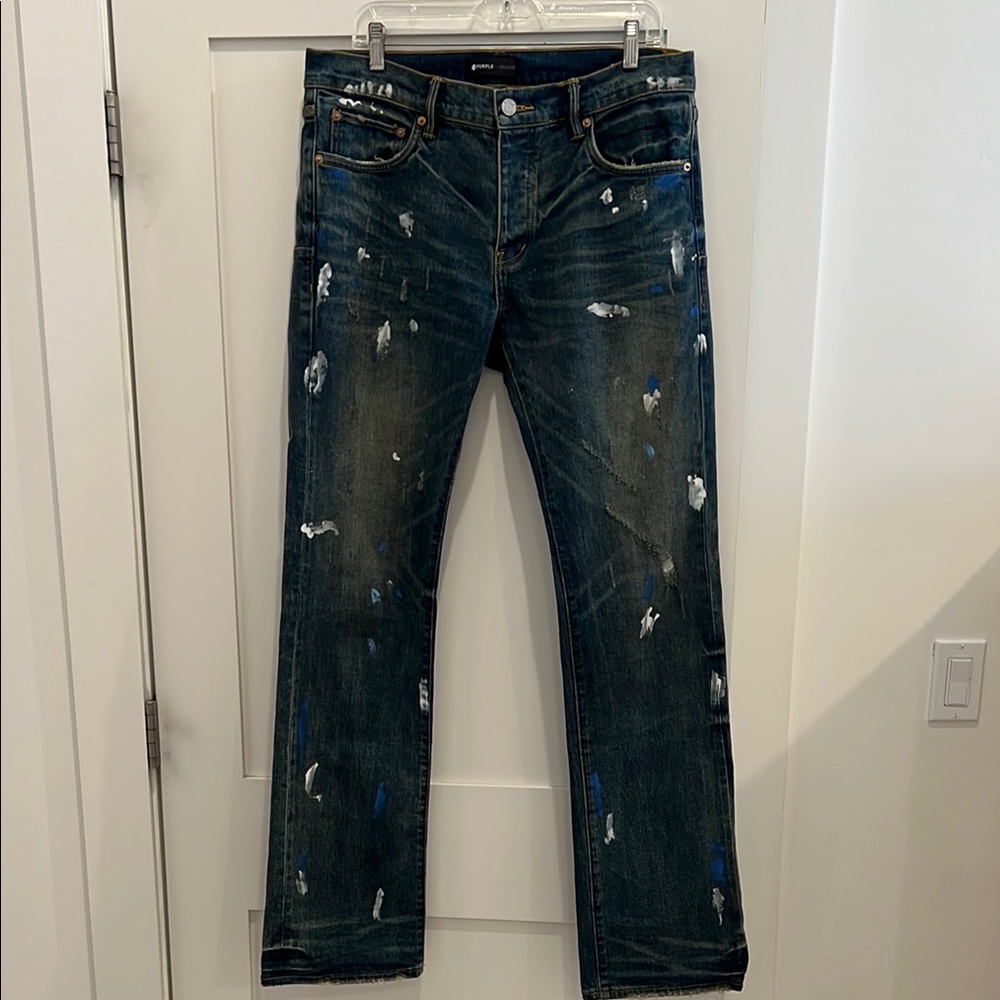 Purple Brand Men's Distressed Whiskered straight leg Blue Jeans. Men’s size 34